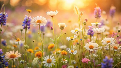 Fototapeta premium Gentle petals of peach and lavender blend with soft yellows and whites to create a whimsical cluster of wildflowers in a sun-kissed field, floral arrangement, pastel colors