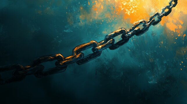 A heavy, rusty chain hangs against a dark, moody background. The warm light suggests hope.