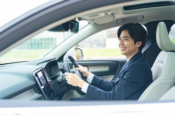 man, automobile, businessman, car navigation system, taxi, driver, inside the car, japanese, asian,...