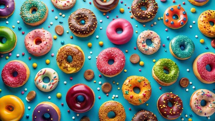 Aerial View Multicolored Sprinkled Donuts Flying Blue Background - Sweet Treats Stock Photo