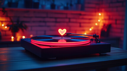 glowing record player with heart shaped needle creates warm ambiance