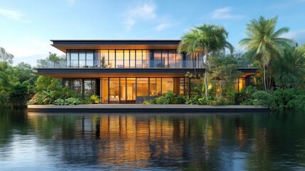 Obraz premium Modern house by a serene lake, surrounded by lush greenery and palm trees.