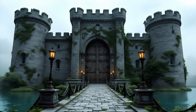 A medieval castle with a large stone archway entrance, flanked by two towers with crenellated parapets.