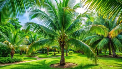 Obraz premium A coconut tree with large green leaves in a tropical garden, outdoor, green leaves, outdoor, green leaves