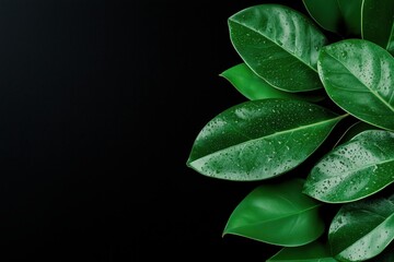 Fototapeta premium Close-up of fresh green leaves with water droplets on a dark background, space for text