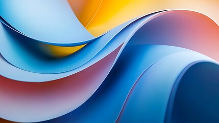 Blue abstract 3D geometries transforming against a colorful, fluid background