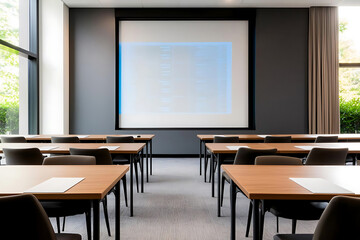 modern meeting room with tables, chairs, and projector screen