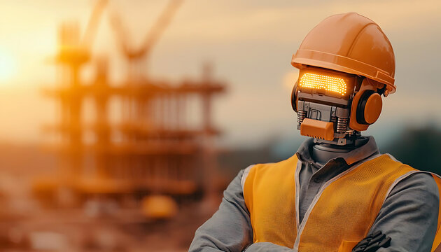 robotic worker in construction site wearing safety helmet and vest