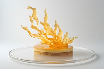 Perspective view of a plated dessert with a delicate sugar art sculpture rising above it 