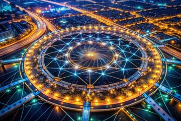 Fototapeta premium Aerial View of Pulsating Circular Network with Vibrant Glowing Lights at Night