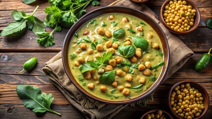 Aromatic Green Curry With Creamy Coconut Milk and Tender Chickpeas, Garnished With Fresh Herbs and Served on a Rustic Wooden Table