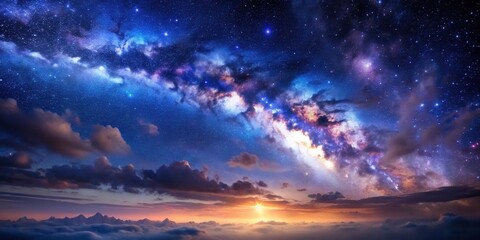 Fototapeta premium A Celestial Symphony of Stars, Clouds, and Mountains, Creating a Breathtaking Tapestry Across the Night Sky