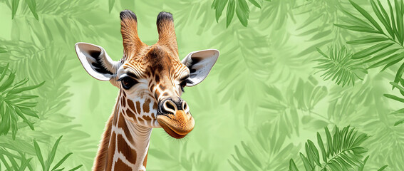 Obraz premium Close-up of a Giraffe's head against a tropical leaf background.