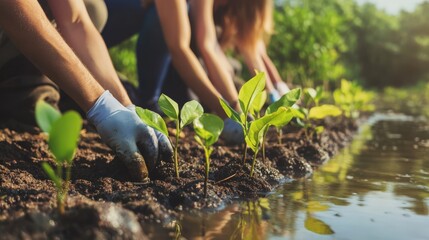 Two people are planting seedlings in a garden