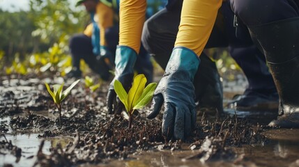 Two people are planting a tree in a muddy field