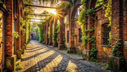 Fototapeta premium A Brick Pathway Leading Through a Sun-Drenched Archway, With Lush Greenery Draped Across The Walls