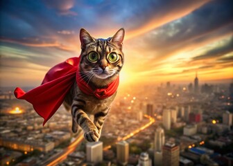 Aerial View: Superhero Cat in Cape and Glasses Soaring Above City