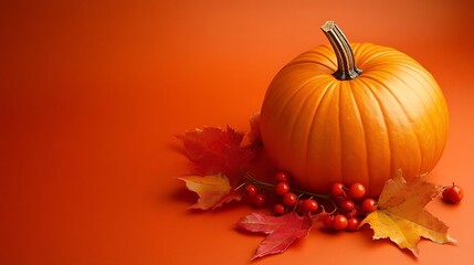 Cozy autumn pumpkin sitting on a solid orange background with space for quotes