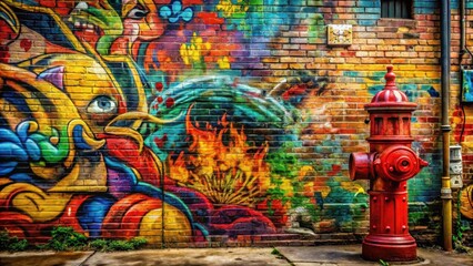 Fototapeta premium A vibrant brick wall adorned with bold, abstract graffiti, featuring a fire hydrant standing sentinel against a backdrop of swirling colors and geometric patterns.