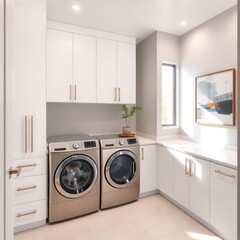 A modern and stylish laundry room that combines functionality with a sleek design. Washer and Dryer. Cabinetry. Counter Space. Natural Light. Artwork. Plants.

