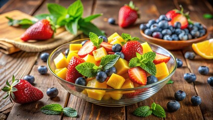A vibrant bowl of chopped fruit with diced mango, strawberries, and blueberries, adorned with fresh mint leaves, nestled on a rustic wooden table.