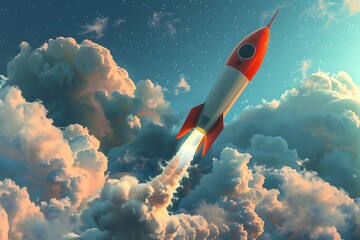 Rocket in the clouds. Space travel concept.