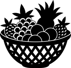Silhouette Drawing of a Fruit Basket Filled with Grapes, and Apples