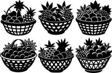 set of Silhouette Drawing of a Fruit Basket Filled with Grapes, and Apples