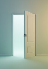 Open door to minimalistic interior with soft lighting and mysterious glow