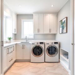 A modern and stylish laundry room that combines functionality with a sleek design. Washer and Dryer. Cabinetry. Counter Space. Natural Light. Artwork. Plants.
