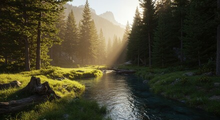 Obraz premium Serene forest stream at dawn with sunlight illuminating lush greenery
