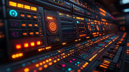 Futuristic control panel interface, digital technology, dark background, sci-fi setting, website banner