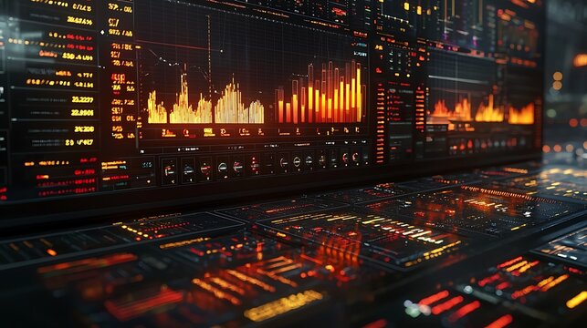 Futuristic data center control room; monitoring global financial markets; orange and red displays; background shows city lights; ideal for tech or finance