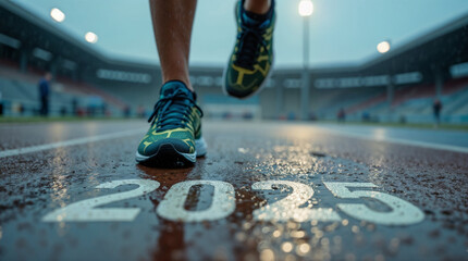 running shoes on a wet running track  at a stadium at rain with the inscription 2025 close-up view from below