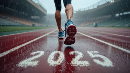 running shoes on a wet running track  at a stadium at rain with the inscription 2025 close-up view from below