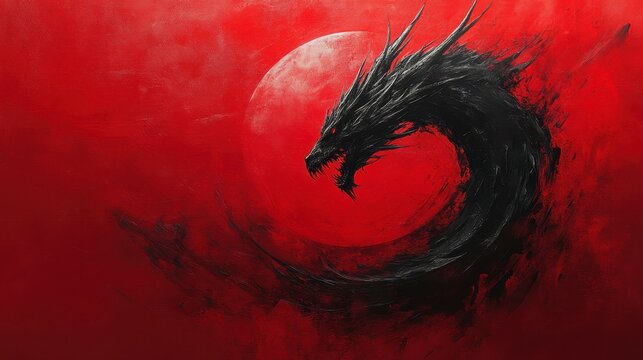 Black dragon coiled around a red moon, dark fantasy art.