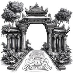 Fototapeta premium An intricately detailed pen-and-ink illustration of a majestic Asian-style archway, flanked by lush greenery and a patterned pathway.