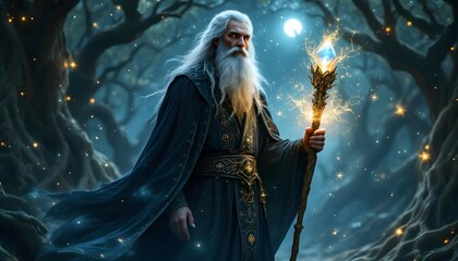 Fototapeta premium An elderly white-haired wizard with a long beard wearing a dark blue robe and holding a glowing staff, standing in a snowy forest at night with a full moon in the background