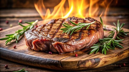 A perfectly grilled steak resting on a wooden cutting board, adorned with fresh rosemary sprigs, with a fiery backdrop suggesting a recent grilling process.