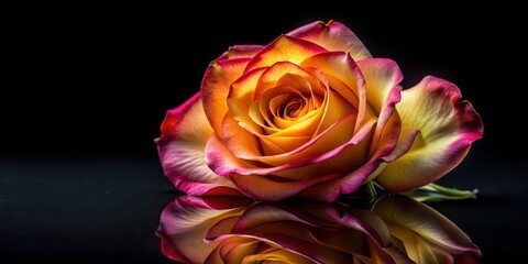 A single, delicate rose, its petals tinged with crimson and gold, blossoms against a dark background, its reflection mirrored on the smooth surface.