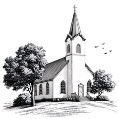 Black and white pen and ink illustration of a quaint country church with trees and birds in flight.