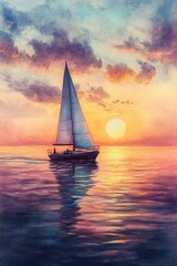 Fototapeta premium Sailboat at sunset on calm ocean water with colorful sky.
