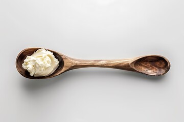 spoon with whipped cream isolated on white background, top view.