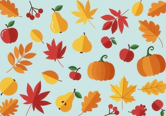 Obraz premium Vibrant autumn harvest pattern with leaves, pumpkins, and fruits