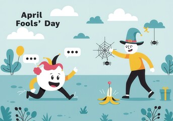 Fototapeta premium April fools' day fun: playful characters and pranks in a whimsical outdoor scene
