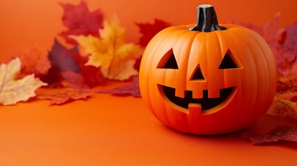Fall-inspired pumpkin placed on an orange background with room for seasonal messages