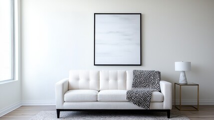 A minimalist living room featuring a white sofa, patterned throw, lamp, and abstract wall art, creating a serene and stylish atmosphere.