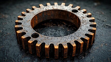 Rusty gear on dark surface; industrial background; mechanical imagery for industry websites