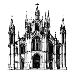 Pen and Ink Drawing of an Ornate Gothic Cathedral Facade.