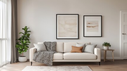 Fototapeta premium A cozy, modern living room featuring a sleek sofa, decorative pillows, a stylish throw, framed art, and a potted plant, complemented by natural light.